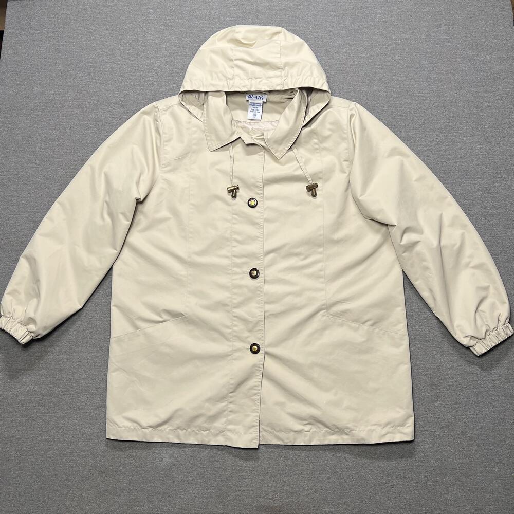 Blair Jacket Womens Large Beige Hooded Lined Button Front RainJacket Casual 90s